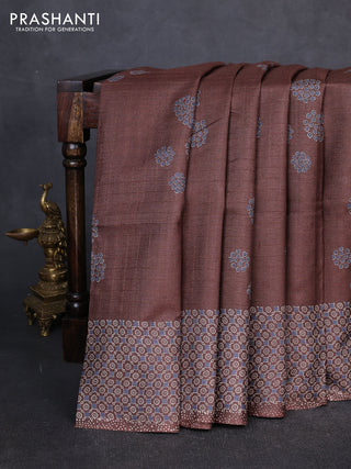 Pure tussar silk saree brown with allover zari checks & butta prints and printed pallu & border