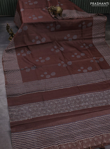 Pure tussar silk saree brown with allover zari checks & butta prints and printed pallu & border
