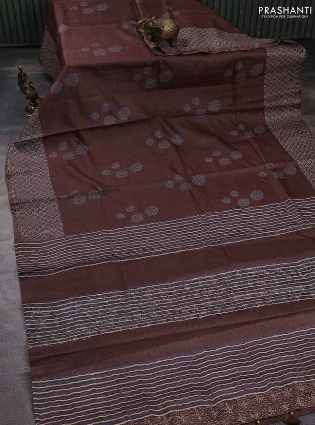 Pure tussar silk saree brown with allover zari checks & butta prints and printed pallu & border