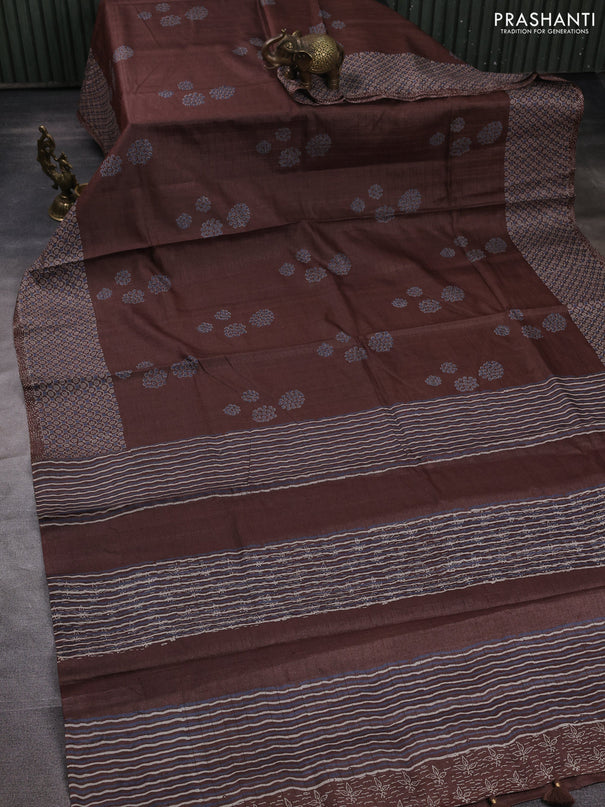 Pure tussar silk saree brown with allover zari checks & butta prints and printed pallu & border