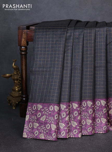 Pure tussar silk saree black and pastel purple with allover zari checked pattern and block printed pallu & border