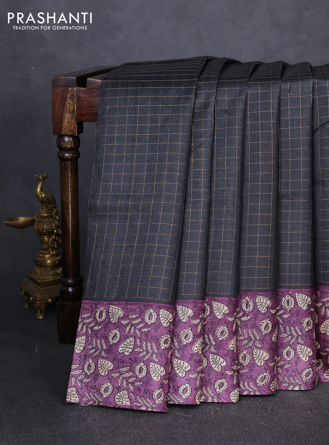 Pure tussar silk saree black and pastel purple with allover zari checked pattern and block printed pallu & border