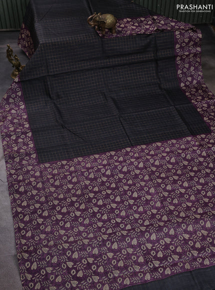 Pure tussar silk saree black and pastel purple with allover zari checked pattern and block printed pallu & border