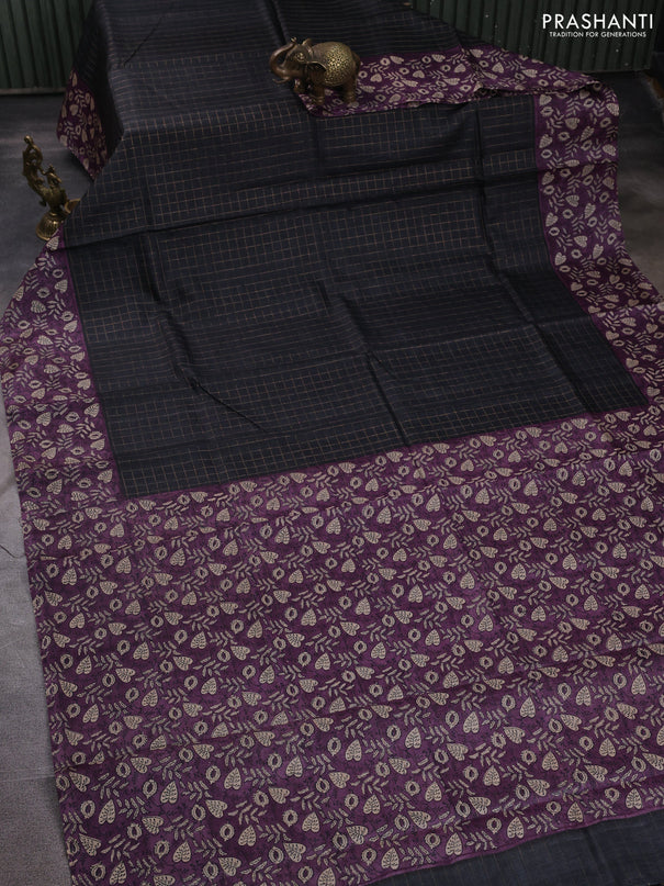 Pure tussar silk saree black and pastel purple with allover zari checked pattern and block printed pallu & border