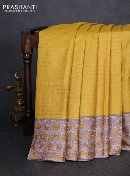 Pure tussar silk saree mustard yellow and pastel brown with allover zari checked pattern and block printed pallu & border
