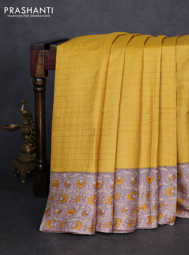Pure tussar silk saree mustard yellow and pastel brown with allover zari checked pattern and block printed pallu & border