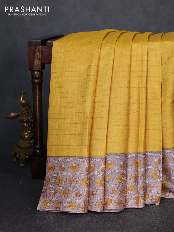 Pure tussar silk saree mustard yellow and pastel brown with allover zari checked pattern and block printed pallu & border