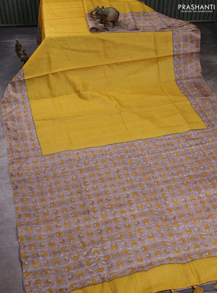 Pure tussar silk saree mustard yellow and pastel brown with allover zari checked pattern and block printed pallu & border