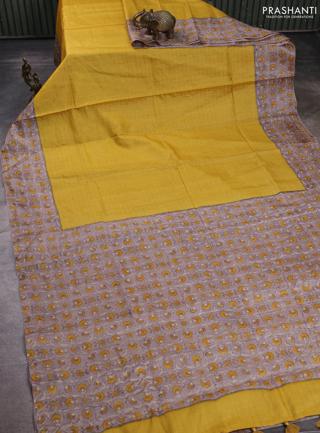 Pure tussar silk saree mustard yellow and pastel brown with allover zari checked pattern and block printed pallu & border