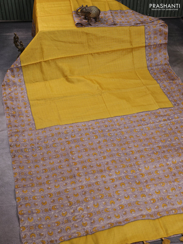 Pure tussar silk saree mustard yellow and pastel brown with allover zari checked pattern and block printed pallu & border