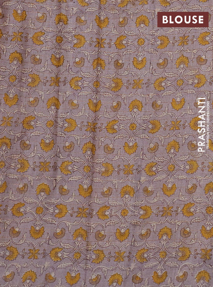 Pure tussar silk saree mustard yellow and pastel brown with allover zari checked pattern and block printed pallu & border