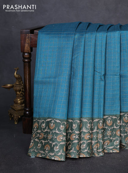 Pure tussar silk saree peacock green and green with allover zari checked pattern and block printed pallu & border