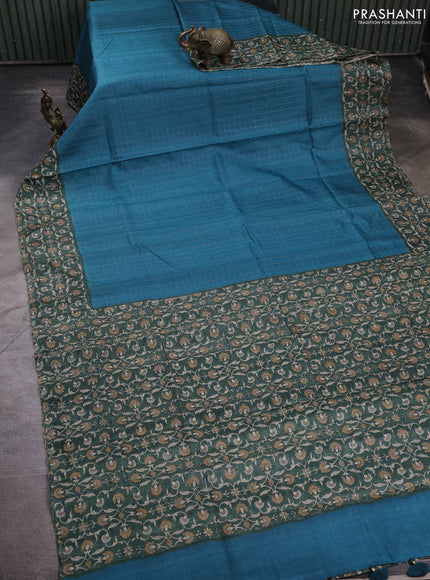 Pure tussar silk saree peacock green and green with allover zari checked pattern and block printed pallu & border