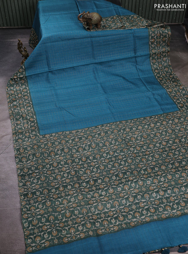 Pure tussar silk saree peacock green and green with allover zari checked pattern and block printed pallu & border