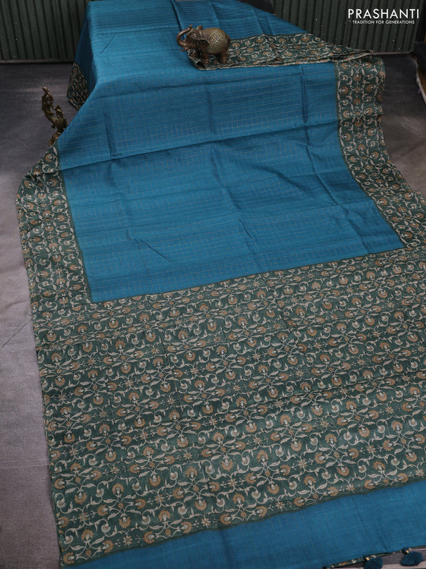Pure tussar silk saree peacock green and green with allover zari checked pattern and block printed pallu & border