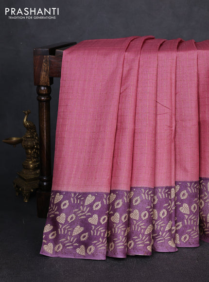 Pure tussar silk saree peach pink and pastel purple with allover zari checked pattern and block printed pallu & border