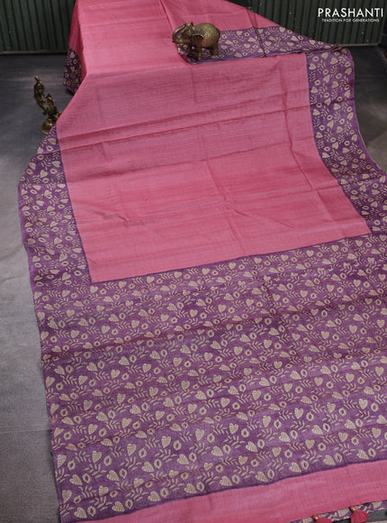 Pure tussar silk saree peach pink and pastel purple with allover zari checked pattern and block printed pallu & border