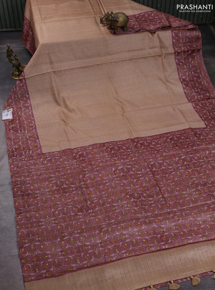 Pure tussar silk saree sandal and mauve pink with allover zari checked pattern and block printed pallu & border