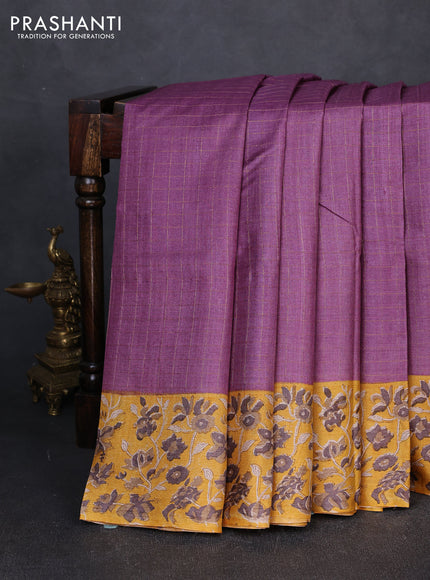 Pure tussar silk saree pastel purple and mustard yellow with allover zari checked pattern and block printed pallu & border