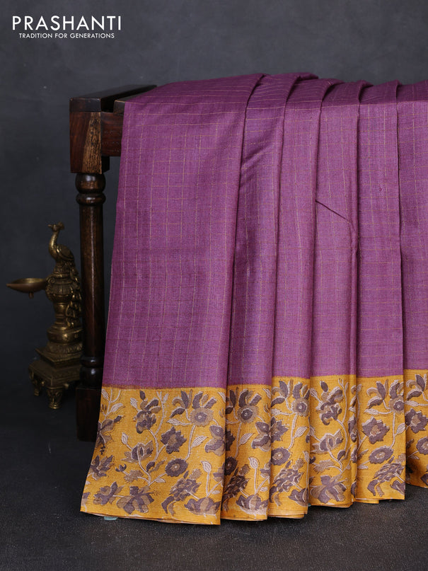 Pure tussar silk saree pastel purple and mustard yellow with allover zari checked pattern and block printed pallu & border