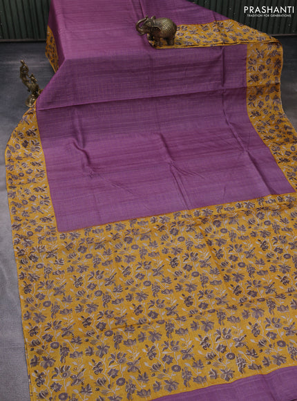 Pure tussar silk saree pastel purple and mustard yellow with allover zari checked pattern and block printed pallu & border