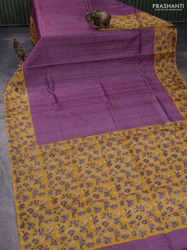 Pure tussar silk saree pastel purple and mustard yellow with allover zari checked pattern and block printed pallu & border