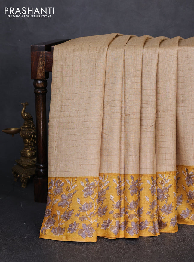 Pure tussar silk saree beige and mustard yellow with allover zari checked pattern and block printed pallu & border