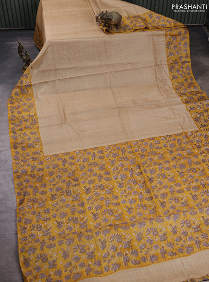 Pure tussar silk saree beige and mustard yellow with allover zari checked pattern and block printed pallu & border