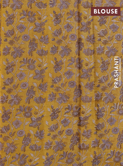 Pure tussar silk saree beige and mustard yellow with allover zari checked pattern and block printed pallu & border
