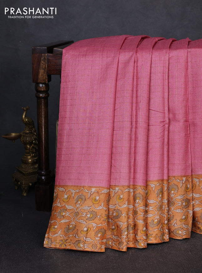 Pure tussar silk saree peach pink and mustard yellow with allover zari checked pattern and block printed pallu & border