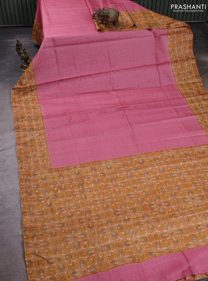 Pure tussar silk saree peach pink and mustard yellow with allover zari checked pattern and block printed pallu & border