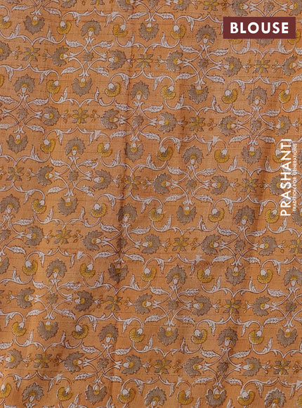 Pure tussar silk saree peach pink and mustard yellow with allover zari checked pattern and block printed pallu & border
