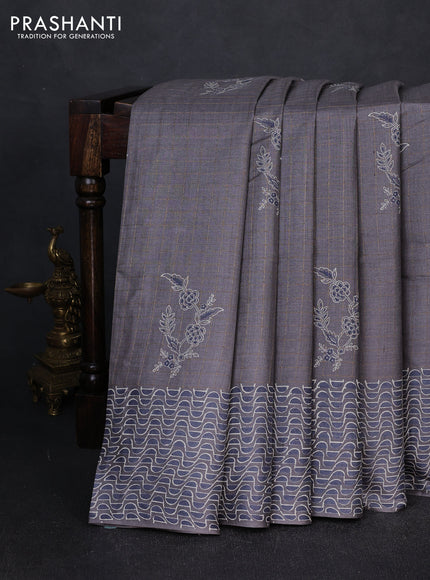 Pure tussar silk saree grey with allover zari checks & butta prints and printed pallu & border