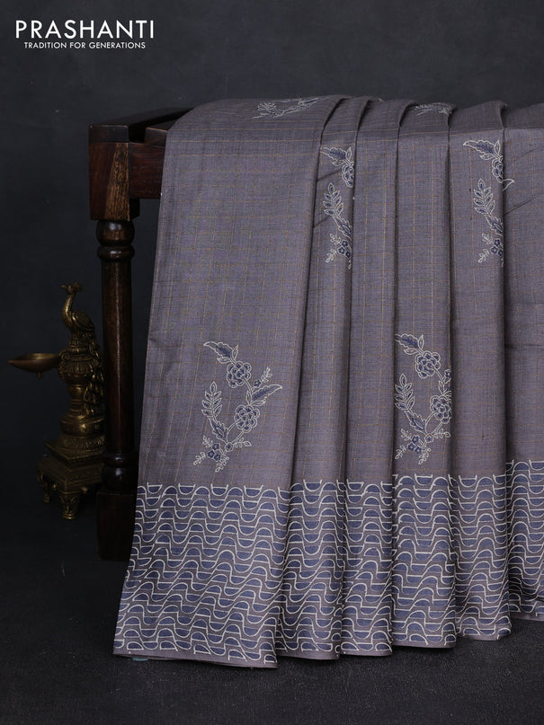 Pure tussar silk saree grey with allover zari checks & butta prints and printed pallu & border
