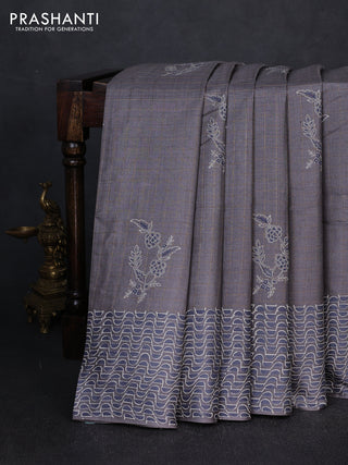 Pure tussar silk saree grey with allover zari checks & butta prints and printed pallu & border