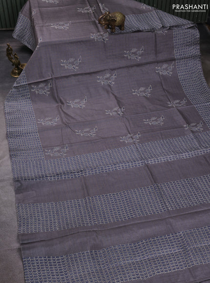 Pure tussar silk saree grey with allover zari checks & butta prints and printed pallu & border