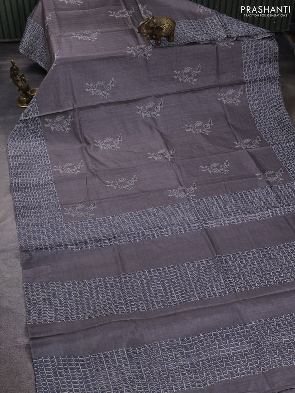 Pure tussar silk saree grey with allover zari checks & butta prints and printed pallu & border