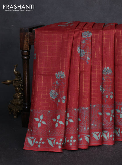 Pure tussar silk saree maroon with allover zari checks & butta prints and printed pallu & border