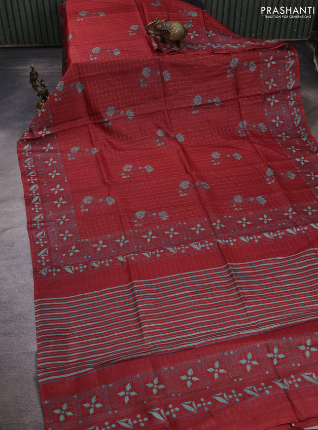 Pure tussar silk saree maroon with allover zari checks & butta prints and printed pallu & border