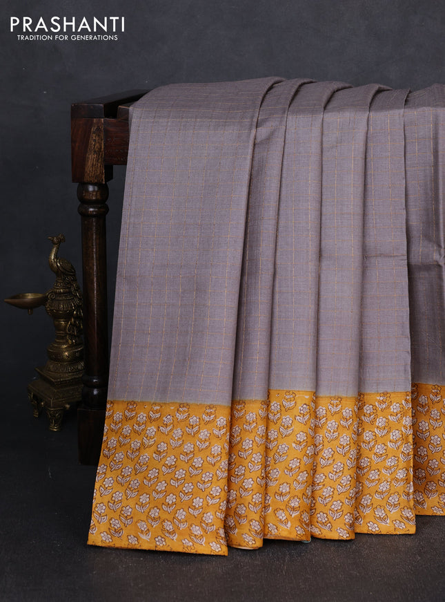 Pure tussar silk saree grey and mango yellow with allover zari checked pattern and block printed pallu & border