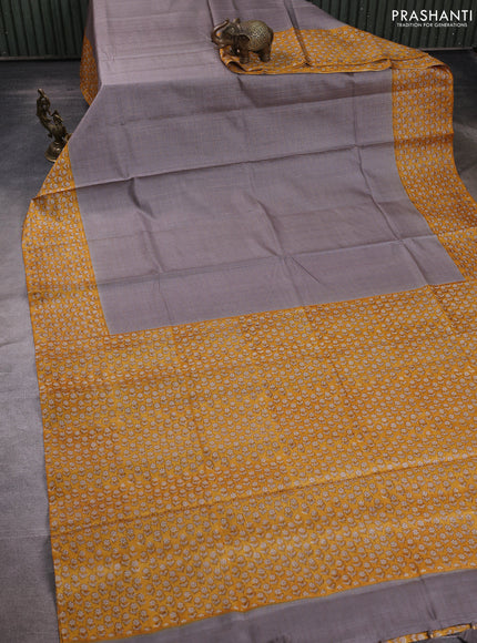 Pure tussar silk saree grey and mango yellow with allover zari checked pattern and block printed pallu & border