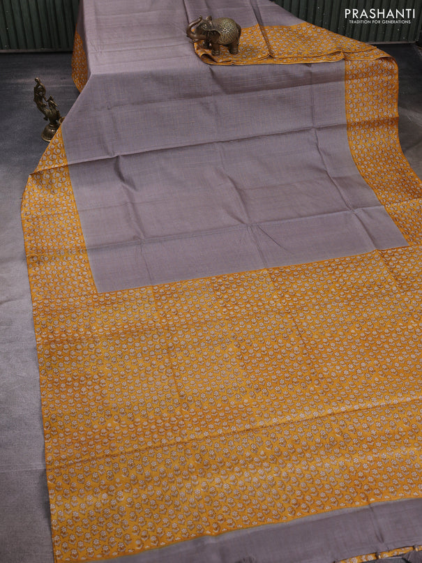 Pure tussar silk saree grey and mango yellow with allover zari checked pattern and block printed pallu & border