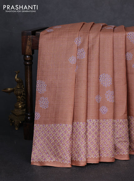 Pure tussar silk saree dark sandal with allover zari checks & butta prints and printed pallu & border