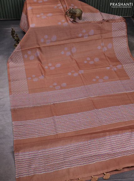 Pure tussar silk saree dark sandal with allover zari checks & butta prints and printed pallu & border