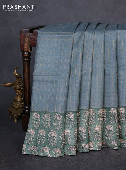 Pure tussar silk saree dark grey and green shade with allover zari checked pattern and block printed pallu & border