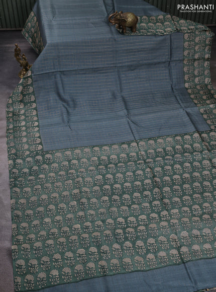 Pure tussar silk saree dark grey and green shade with allover zari checked pattern and block printed pallu & border