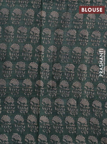 Pure tussar silk saree dark grey and green shade with allover zari checked pattern and block printed pallu & border