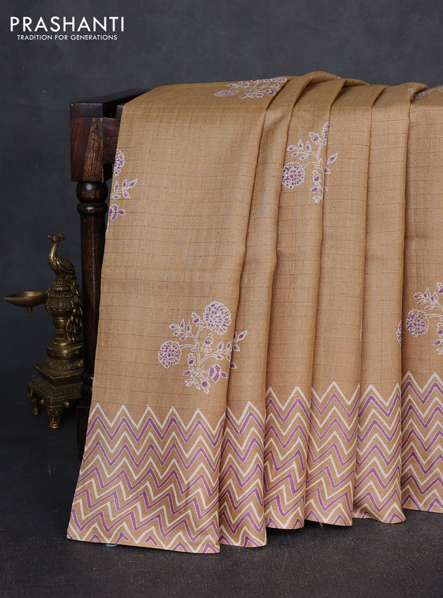 Pure tussar silk saree sandal with allover zari checks & butta prints and printed pallu & border