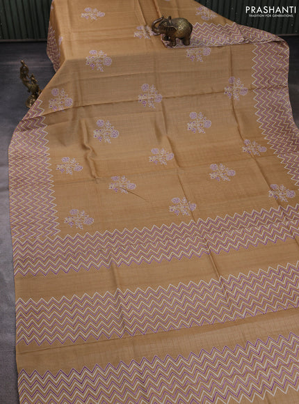 Pure tussar silk saree sandal with allover zari checks & butta prints and printed pallu & border