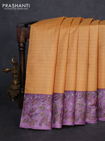 Pure tussar silk saree yellow and lilac with allover zari checked pattern and block printed pallu & border
